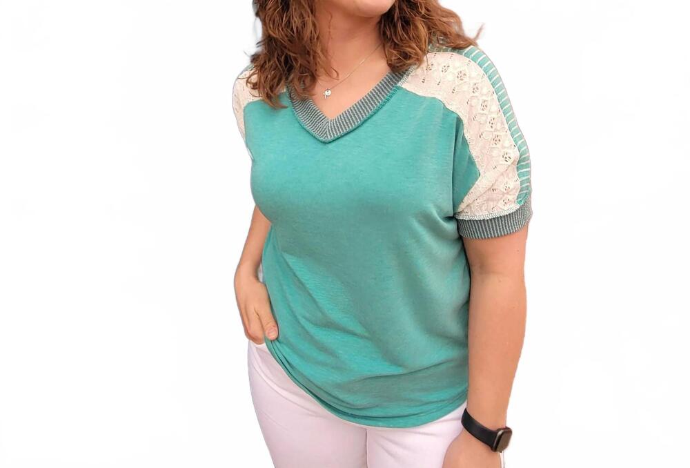 NEW 7TH RAY lainey patchwork v-neck top in turquoise